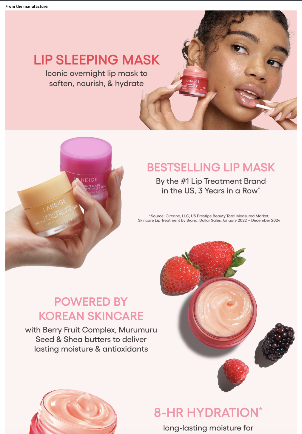 Laneige A+ Content brand modules below the fold: soft pink bands, the berry pot, berry-and-cream texture photography