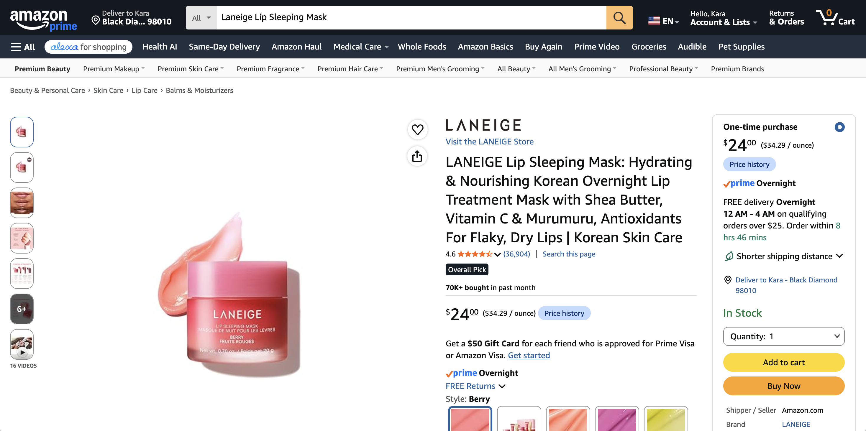 Laneige Lip Sleeping Mask product detail page on Amazon, top of page, with five numbered audit callouts