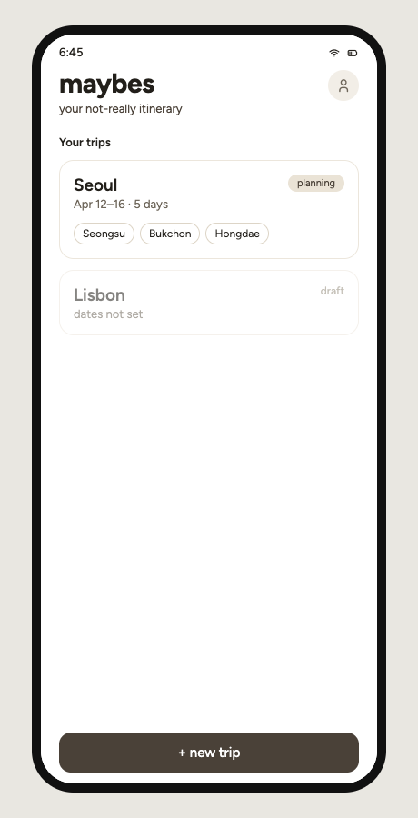 Maybes travel planning app